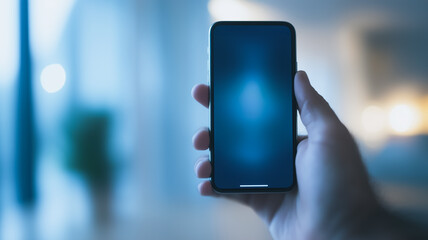 Poster - smartphone in hand: a close-up shot of a hand holding a modern smartphone, the screen glowing with a