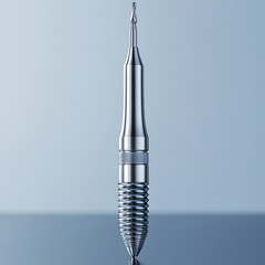 Poster - Clean dental drill with sharp precision bits isolated on a minimalist background reflecting light symbolizing the careful precision in dental procedures