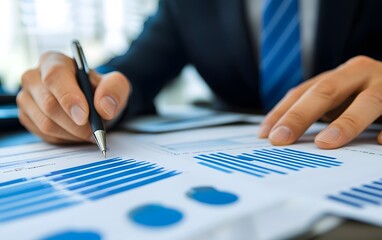 Poster - A businessman analyzes financial reports with charts and graphs. He holds a pen and studies the data diligently to make informed decisions for the company's growth and strategy.
