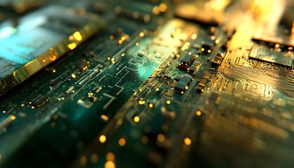 Poster - A close-up view of a vibrant, intricate circuit board, showcasing glowing lights and complex pathways that illustrate the beauty of modern electronics and digital technology.