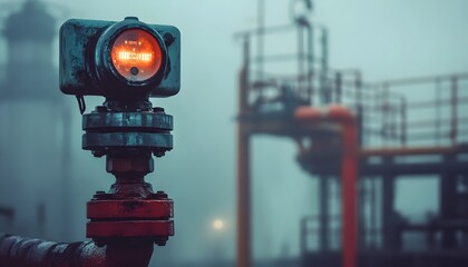 Poster - A close-up view of an industrial gauge on a foggy day, showcasing intricate machinery in an oil refinery setting. The vibrant orange light adds a unique atmosphere to the scene.