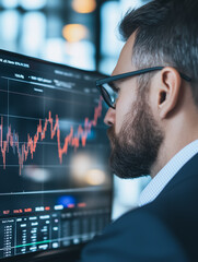 Poster - Analyzing the Market: A focused businessman intently studies a large monitor displaying dynamic stock market data, his expression reflecting concentration and analysis in the world of finance. 
