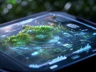 Poster - A futuristic tablet displaying dynamic graphics of a green environment, showcasing intricate data visualization and eco-friendly design concepts for innovative solutions.