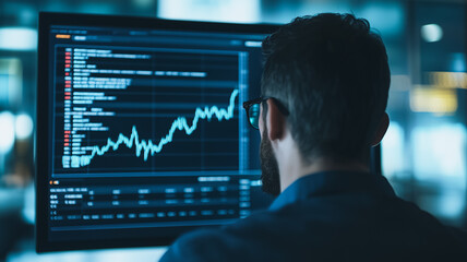Poster - focused on success: a determined professional intently studies an upward trending graph on a compute