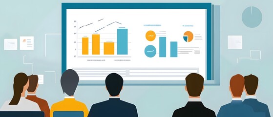 Poster - A group of professionals observing a presentation featuring colorful charts and graphs, highlighting data analysis and business development strategies in a modern setting.