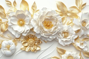 Wall Mural - A stucco peony displays golden leaves and buds on a white backdrop