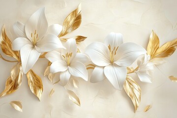 Wall Mural - Amid a backdrop of golden leaves and buds, stucco lilies come into bloom