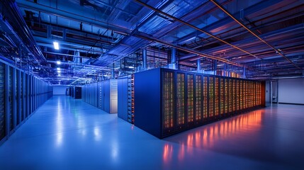 Poster - A modern data center illuminated with blue and orange lights, showcasing rows of server racks in a clean, high-tech environment, emphasizing innovation and connectivity.