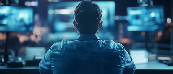 Poster - a person observes multiple screens, immersed in a digital environment. the blue tones create a moder