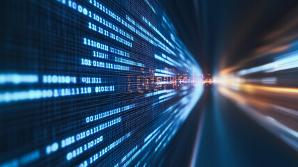 Poster - Data Flow in the Digital Age: An abstract, dynamic representation of data flowing through a digital landscape, showcasing the speed, power, and interconnectedness of the modern world. 