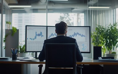 Fototapete - A professional working at a modern office desk, focused on dual monitors displaying data analytics and graphs