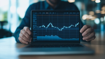 Poster - Analyzing Market Trends: A close-up shot of a person's hands holding a laptop displaying a dynamic stock market graph.
