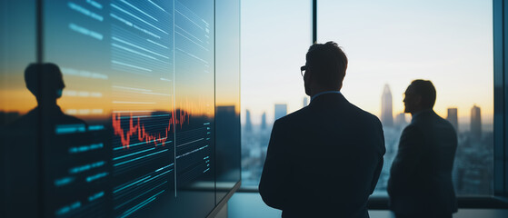 Poster - Strategic Vision: Two businessmen stand silhouetted against a cityscape at sunset, observing data displayed on a large screen, contemplating their next strategic move.  