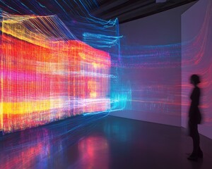 Poster - An abstract art installation featuring vibrant light trails and intricate patterns illuminating a modern space, creating a dynamic interplay between technology and art