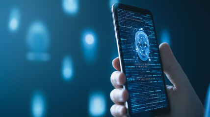 Poster - Digital Brainpower: A person's hand holds a smartphone displaying intricate code and a stylized brain graphic, symbolizing the intersection of technology and intelligence in a futuristic setting.