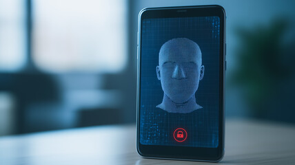 Poster - Face Unlock Security: A close-up view of a smartphone screen displaying a face unlock feature, representing digital security, privacy, and modern technology.  