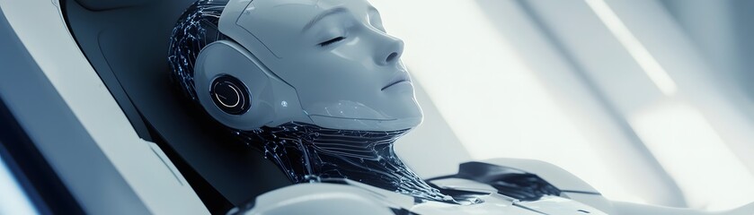 Poster - an advanced humanoid robot relaxes in a futuristic environment, showcasing the intersection of techn