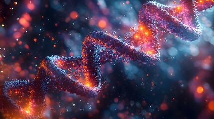 Poster - Closeup 3D rendering of DNA with surrounding molecular structures and chemical reactions depicted in a vibrant color scheme to highlight biological processes