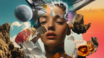 Wall Mural - Surreal portrait of a woman with fragmented elements of nature and cosmos in collage form