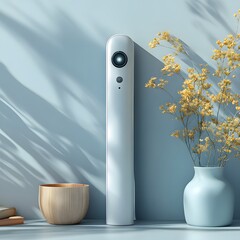 Poster - Digital infrared thermometer placed on a minimalist background with its sleek design symbolizing accurate temperature readings for patient care