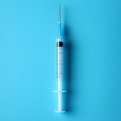 Poster - Disposable syringe with a protective cap on its needle isolated on a minimalist background ready for accurate medical use