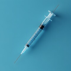 Poster - Disposable syringe with a protective cap on its needle isolated on a minimalist background ready for accurate medical use