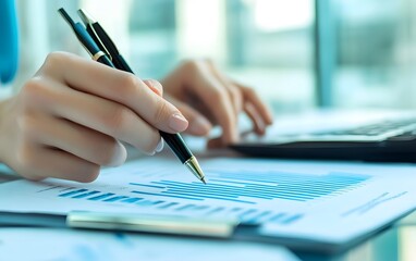 Poster - A close-up of a business professional analyzing data on graphs while taking notes. The scene reflects productivity and attention to detail in a modern office environment.