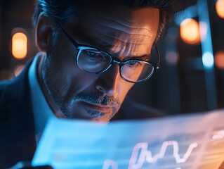 Poster - A focused businessman analyzing data trends on a digital display, capturing the essence of modern finance and research in a dynamic, illuminated environment.