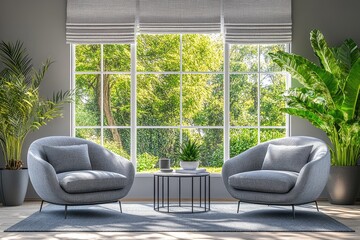 Wall Mural - Modern Living Room with Large Windows and Lush Indoor Plants Enhancing Natural Light