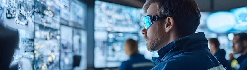 Poster - A focused technician monitors multiple screens, analyzing data and information in a high-tech control room environment. The scene showcases advanced technology and teamwork.