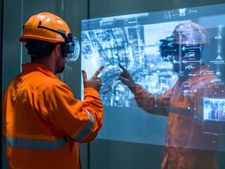 Poster - a worker in an orange safety suit and helmet interacts with a virtual display, showcasing a modern a