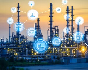 Poster - an industrial landscape showcasing a refinery with connected digital icons symbolizing technology, c