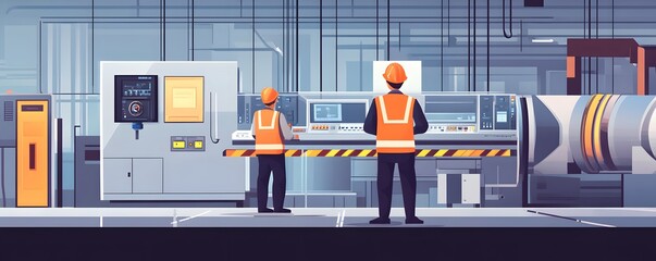 Poster - Two workers engaged in a modern manufacturing facility, operating machinery and ensuring quality control. A vibrant and efficient environment promoting productivity and teamwork.