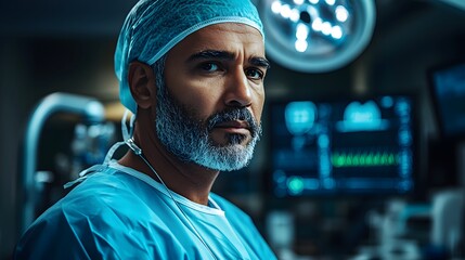 Poster - Doctor in an operation theatre focused on using a robotic surgical arm with intricate controls and hightech monitors for a precise procedure