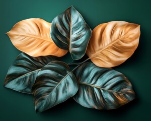 Wall Mural - Waxy Green and Gold Tropical Leaves, Vibrant Botanical Art on a Deep Green Background