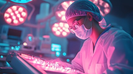 Fototapete - Doctor in an operation theatre operating a sophisticated anesthesia machine and surgical instruments with a backdrop of advanced medical equipment and bright lights