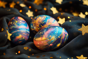 Wall Mural - vibrant Easter eggs painted in a mesmerizing galaxy theme, featuring intricate details of swirling nebulae, golden stars, and shimmering glitter, set against a soft-focus backdrop  