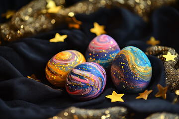 Wall Mural - vibrant Easter eggs painted in a mesmerizing galaxy theme, featuring intricate details of swirling nebulae, golden stars, and shimmering glitter, set against a soft-focus backdrop  