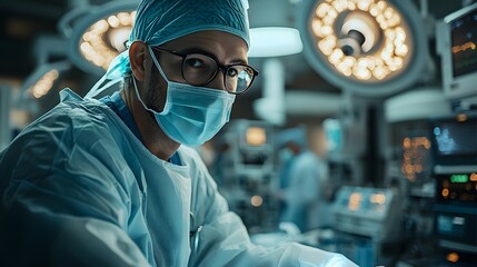Poster - Doctor operating a stateoftheart laser surgical device in a bright modern operation theatre surrounded by various advanced medical machines