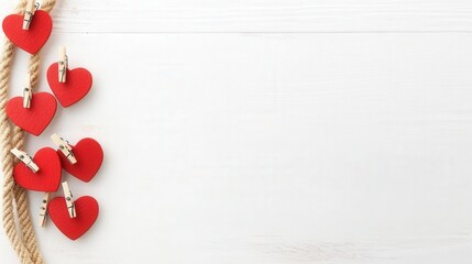 Poster - Red hearts hanging on a rope with clothespins on a white wooden background for decoration