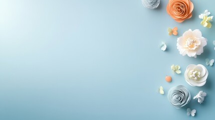 Poster - Colorful paper flowers arranged on a blue background for decoration and design purposes