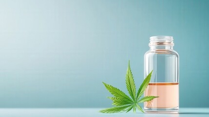 cannabis leaf displayed in clear glass bottle on white background for herbal and natural products
