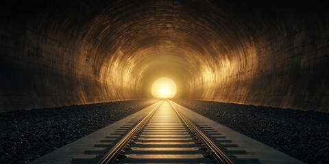 Wall Mural - A dimly lit tunnel leads to a bright light at the end, with railway tracks stretching toward the glow, creating a sense of mystery and hope.