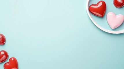 Poster - Red hearts scattered on a vibrant blue background creating a colorful abstract design