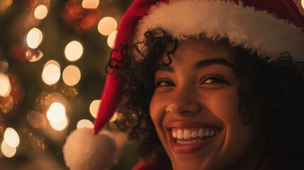 Wall Mural - Woman with Santa Hat near Christmas Tree