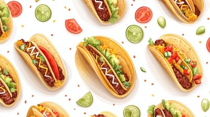 Fototapete - Seamless illustrations of hard shell and soft shell tacos with various toppings.