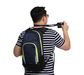 Sticker - Traveller with backpack taking photo on white background, back view