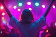© VICHIZH - Young woman enjoying a live music concert with raised arms, vibrant purple and pink lights, showcasing a lively atmosphere, emotional expression of joy and excitement