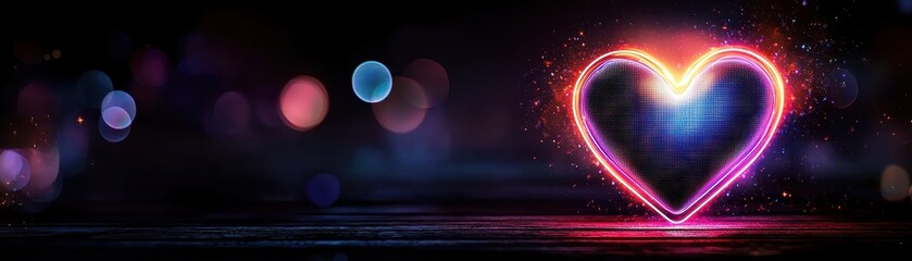 Poster - Neon Heart with Radiating Soft Glow on a Dark Background for Artistic or Romantic Themes