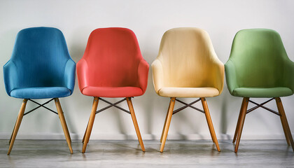 Poster - Four colorful chairs lined up against a white wall. Generative AI.